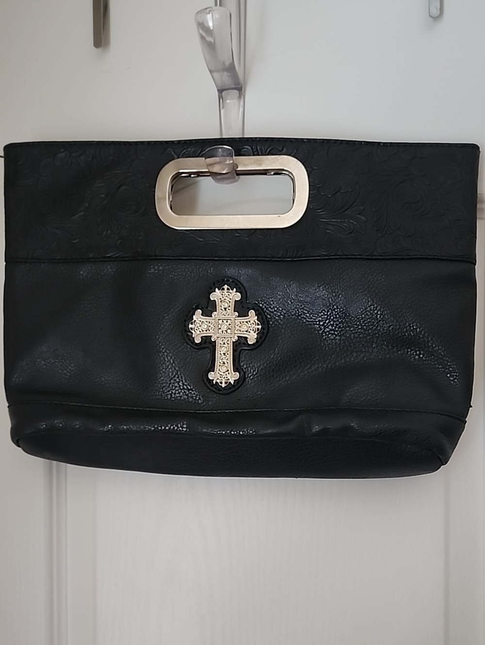 Black Women's leather Handbag with Gold Cross Accent